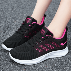 Women Black and Pink-Soled Laceup Sneakers